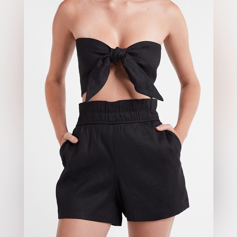 Express Linen Blend Tie Front Crop Top in Magenta